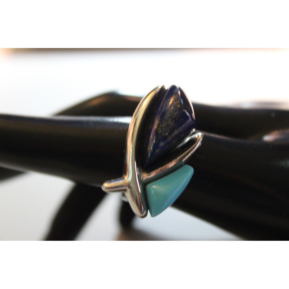 Modernist Sterling Silver Lapis Lazuli and Turquoise Bypass Ring Size 7.75